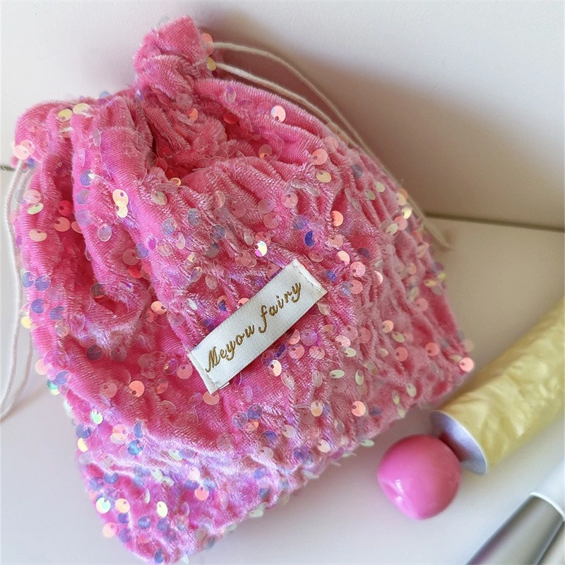 Glitter Sequins Plush Velvet Drawstring Bag Cute Shimmer Decor Portable Small Toiletry Organizer Makeup Sack Ladies Daily Use