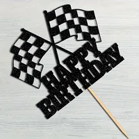 1 sparkling racing cake topper Happy Birthday Cake with vibrant checkered flag design