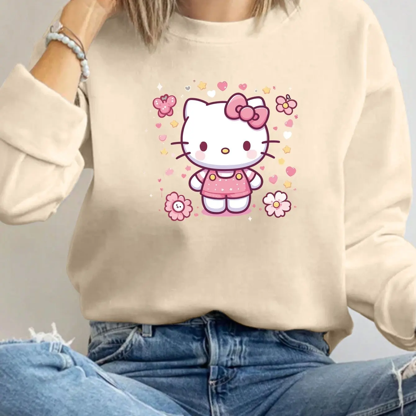 سويت شيرت نسائي برقبة دائرية من Sanrio Hello Kitty مطبوع عليه صوف للجنسين كاجوال للخريف والشتاء مقاس كبير