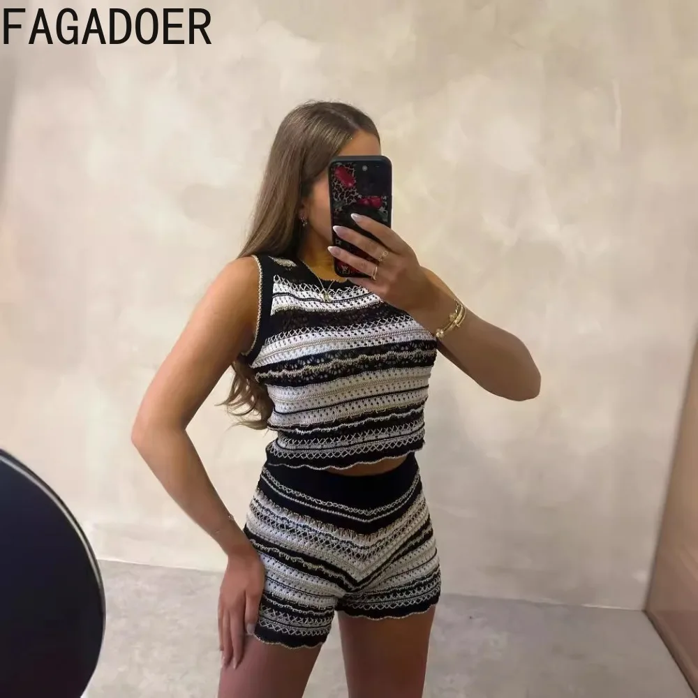 FAGADOER Summer New Striped Knitting Hollow Out Two Piece Sets Women Round Neck Sleeveless Crop Top And Shorts Outfits Clothing