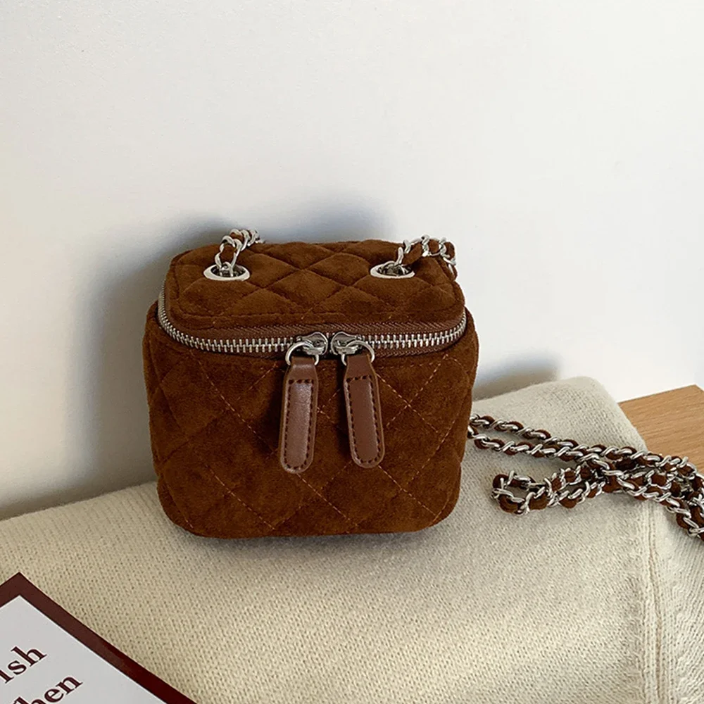 Mini Faux Suede Crossbody Bags for Women 2025 New Luxury Designer Box Bag Lingge Chains Shoulder Bag Lipstick Coins Sling Purse