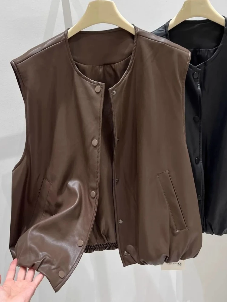 

Vests Women Vintage Korean Style Spring Autumn Retro Streetwear Leather Design Solid Leisure Feminino Popular Basic Waistcoats