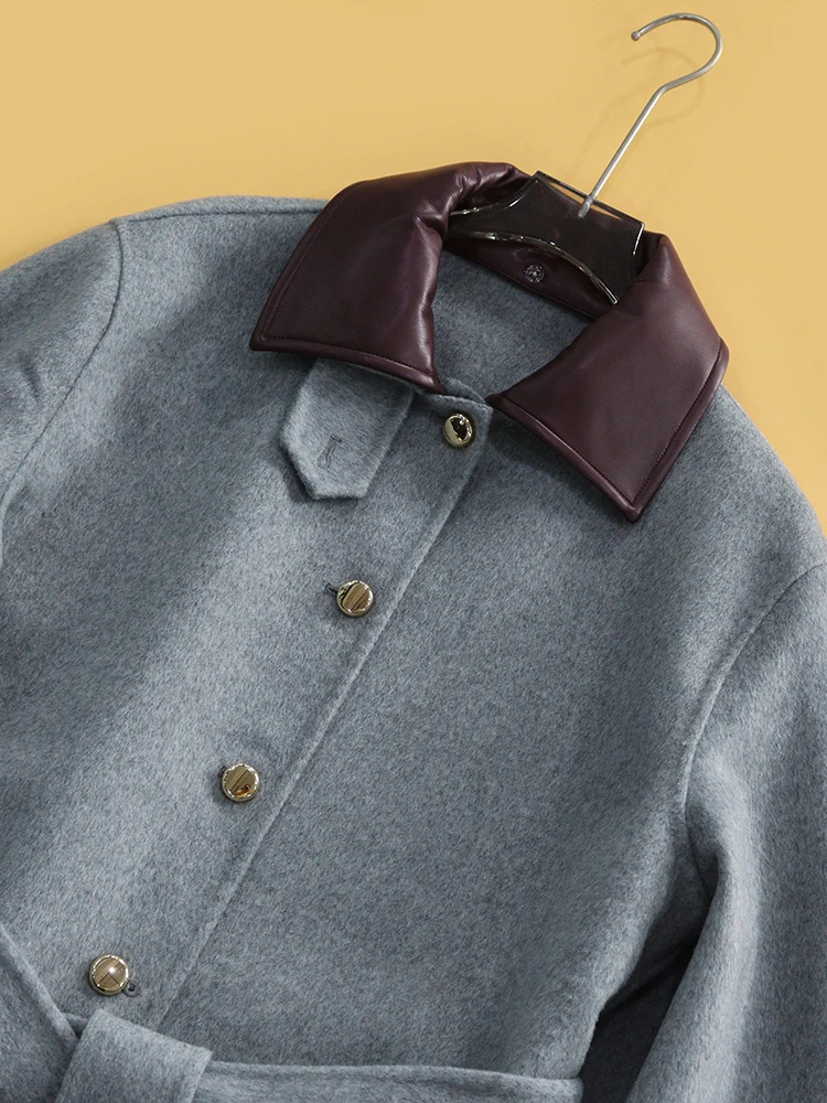 Detachable Leather Collar Mid-Length Woolen Coat Casual Style Autumn Winter Women's Fashion Online Exclusive Medium Length