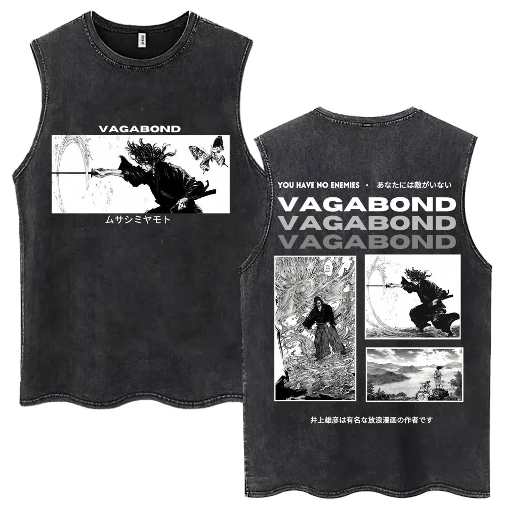 Japanese Anime Vagabond Miyamoto Musashi Washed Tank Tops Men Women Vintage O-Neck T-shirts Casual Cotton Loose Sleeveless Vests