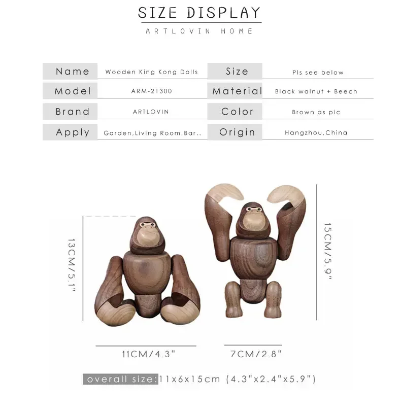 Figuras nórdicas de madera King Kong, figuritas de gorila, mono colgante, accesorios de decoración del hogar, adorno artesanal marrón, regalos para hombre