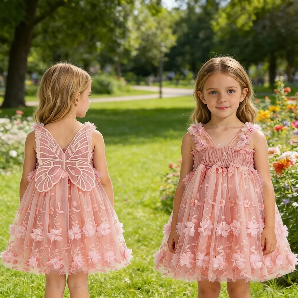 2026 New Toddler Baby Girl Summer Dress Sling Mesh Wings Sweet Baby Girl Children's Clothes First Birthday Party Dress