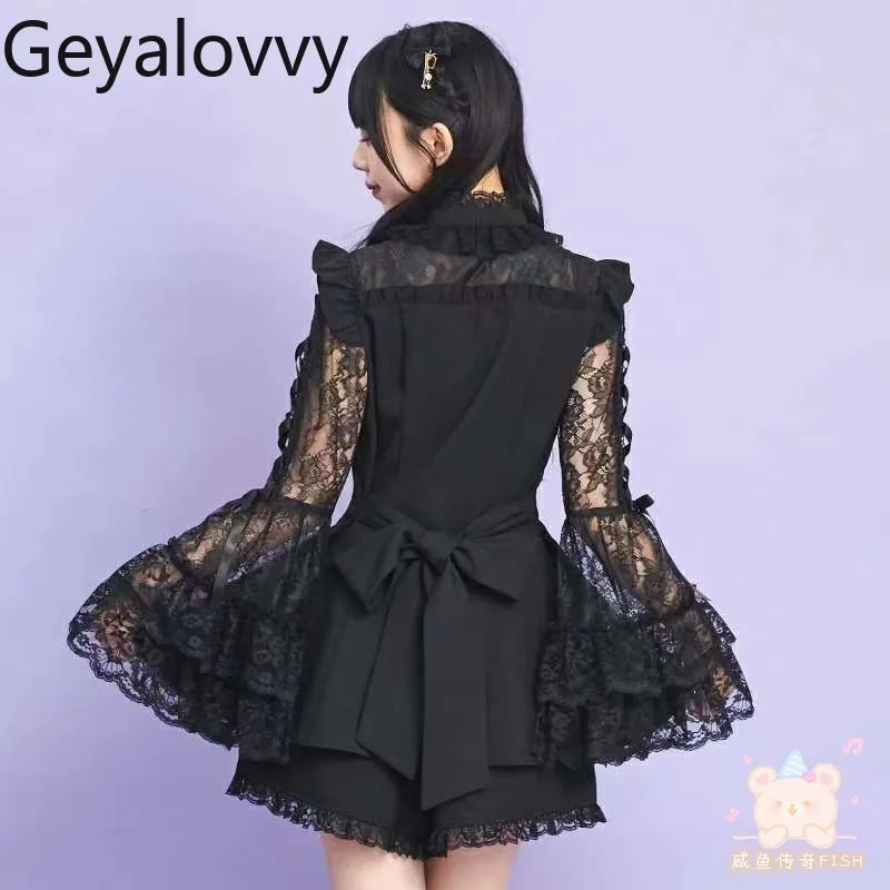 خريف جديد SC مجموعة الفتيات الحلو متوهج كم طويل القوس الجوف لوليتا الإنتاج الضخم فستان سليم والسراويل السوداء قطعتين مجموعة #4