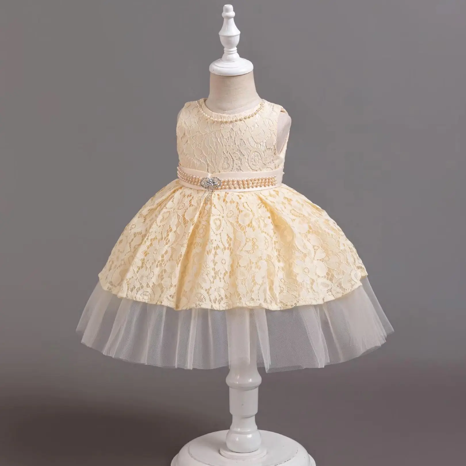 Girl\'s Dress Lace Sleeveless Applique Princess Dress Wedding Flower Girl One Year Host Performance Dress for 0-3 Years