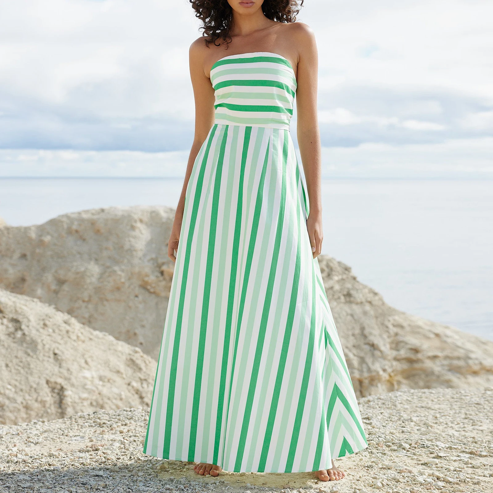 

Women Summer Sexy Striped Print Sleeveless Backless Maxi Dress Off Shoulder Strapless High Waist Flowy A line Dress Beachwear