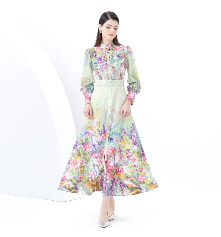 ZAROY Abito lungo con stampa floreale Abbigliamento da vacanza per donna Manica lunga Colletto alla coreana Cintura Abito lungo a trapezio Abiti di lusso Abiti