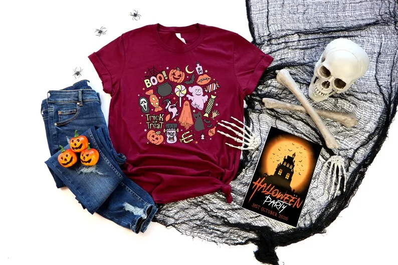 Cute Halloween Theme Shirt for Women, Cute Teacher Mom Sleeve Top Tees O Neck Streetwear harajuku 100% cotton y2k Drop Shipping