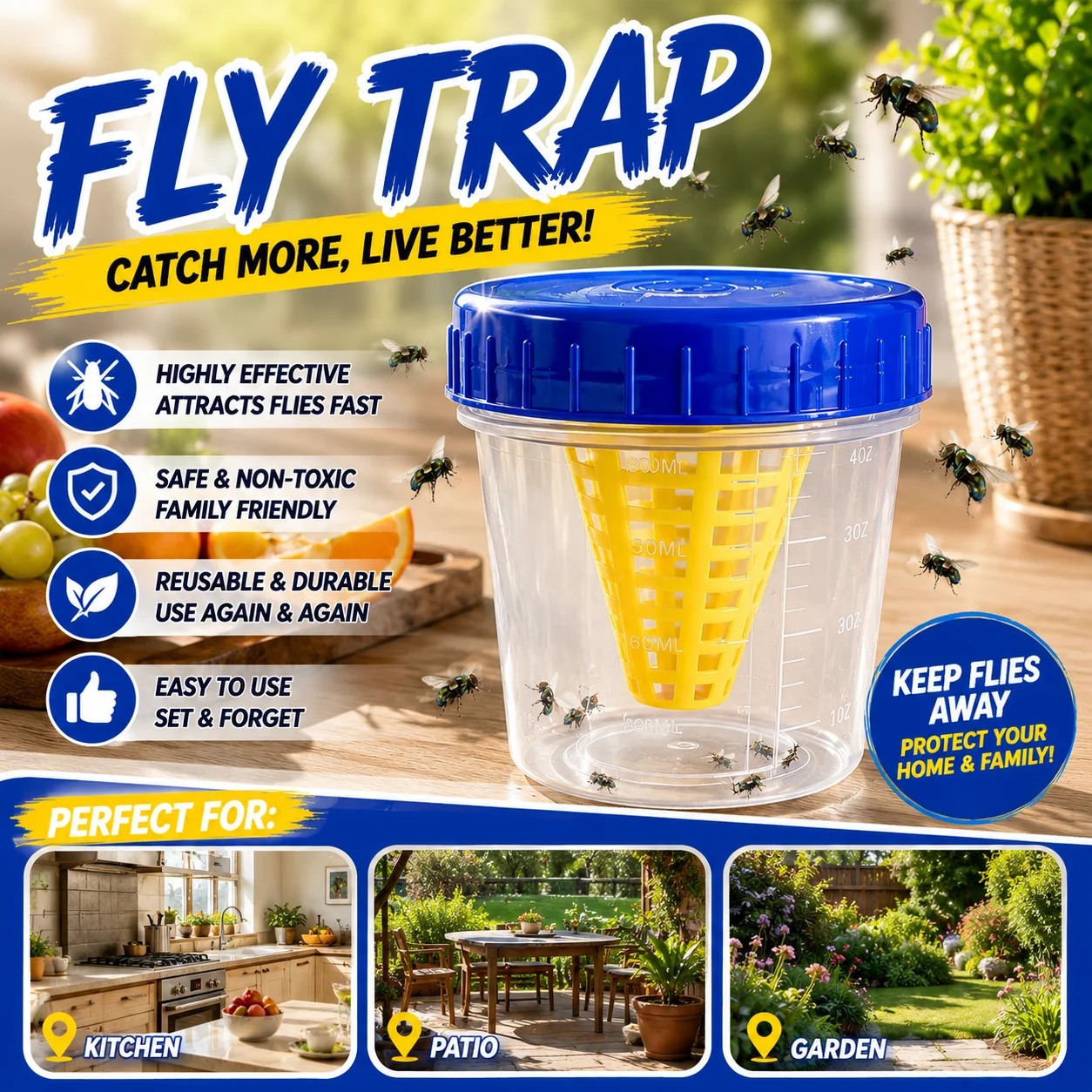 Durable Transparent Plastic Fly Trap Jar Portable Hanging Fly Trapping Device For Residential Kitchen Courtyard Orchard Outdoor