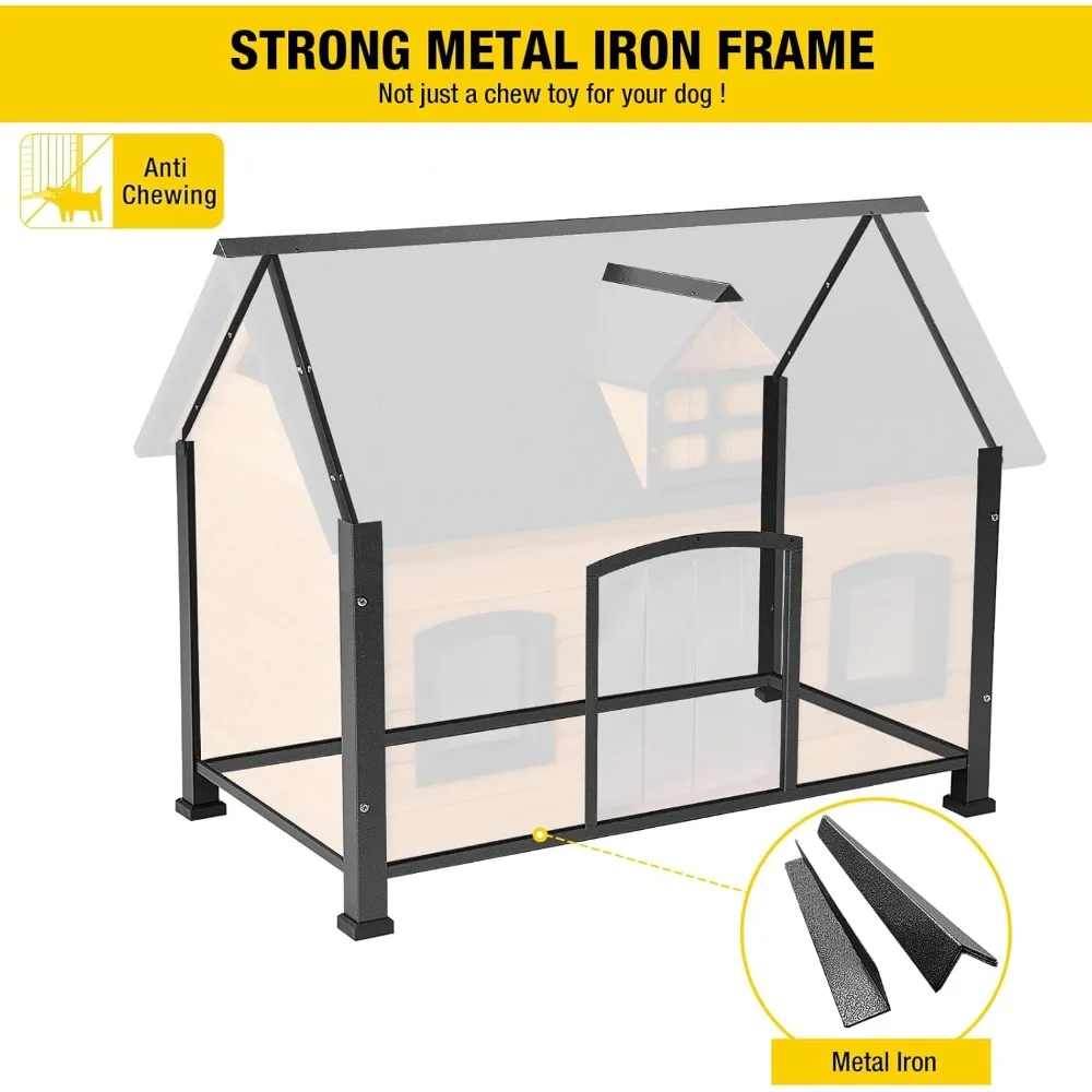 Large Dog House Anti-Chewing Metal Frame Design Insulated Wooden Dog Kennel with Unique Design Roof, Weatherproof