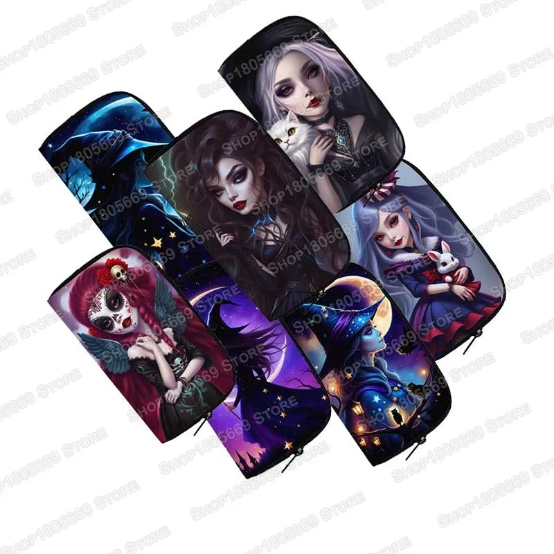 Fantasy Witchcraft Black Cat Print Long Wallet Skull Witch Coin Money Bags ID Credit Card Phone Holder Women Casual Purse Gift