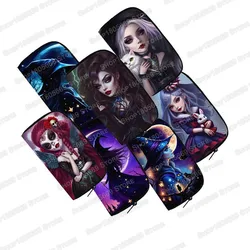 Fantasy Witchcraft Black Cat Print Long Wallet Skull Witch Coin Money Bags ID Credit Card Phone Holder Women Casual Purse Gift