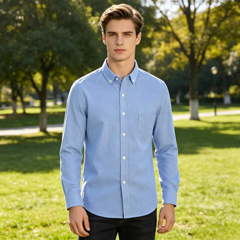 100% Pure Cotton Men's Long Sleeve Oxford Spinning Shirt Business Leisure Pocket Slim Fit Button Style Soft Med
