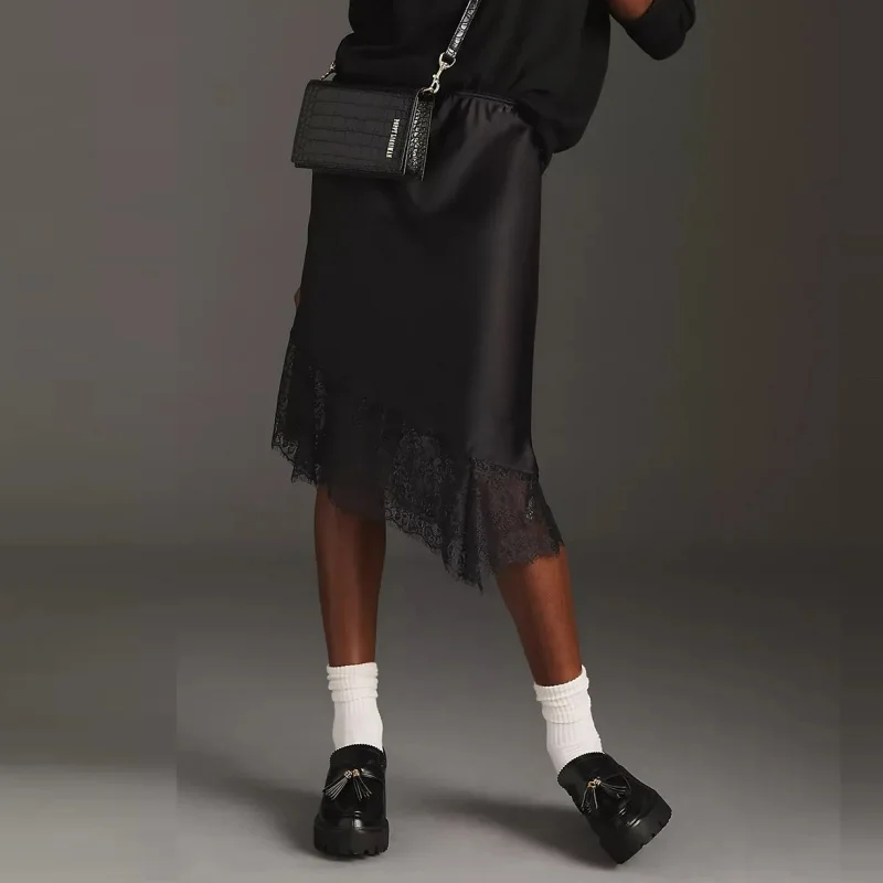 

Женские шелковые атласные полуслип-длинные юбки с кружевной отделкой, асимметричная макси-юбка, элегантные шелковистые струящиеся юбки-миди трапециевидной формы