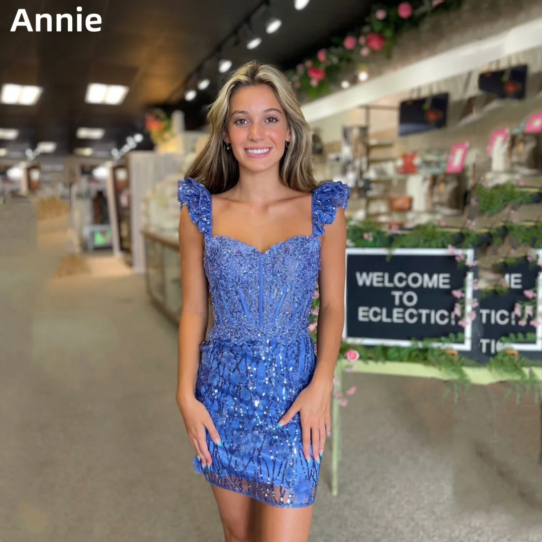 

Annie Glitter Lace Embroidery Wedding Dress Blue Mermaid short fairy Prom Dresses Corset Cocktail Dresses Vestidos De Fiesta