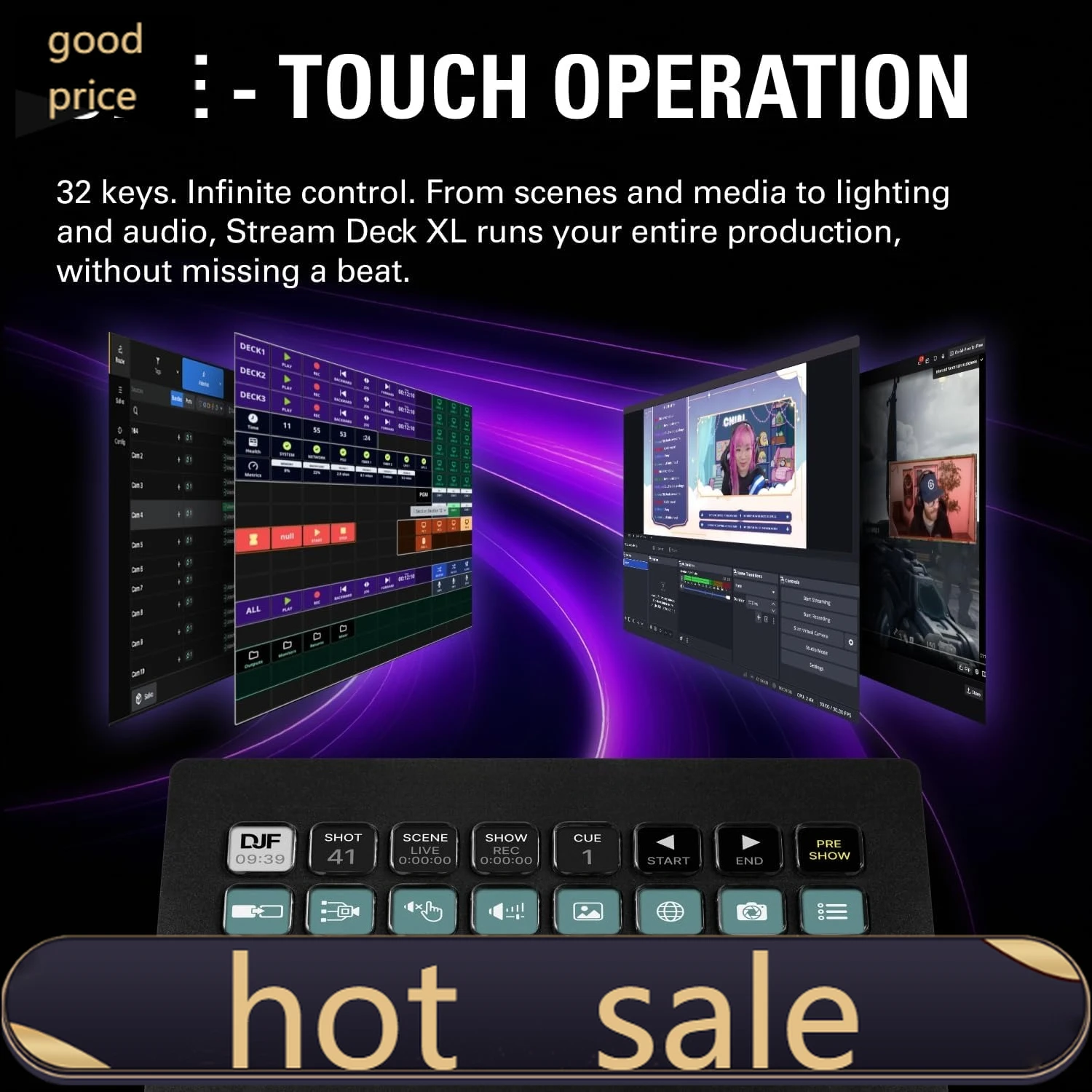 

Stream Deck XL – профессиональный студийный контроллер, 32 макроклавиши, возможность запуска действий в приложениях и программном обеспечении, например, OBS.