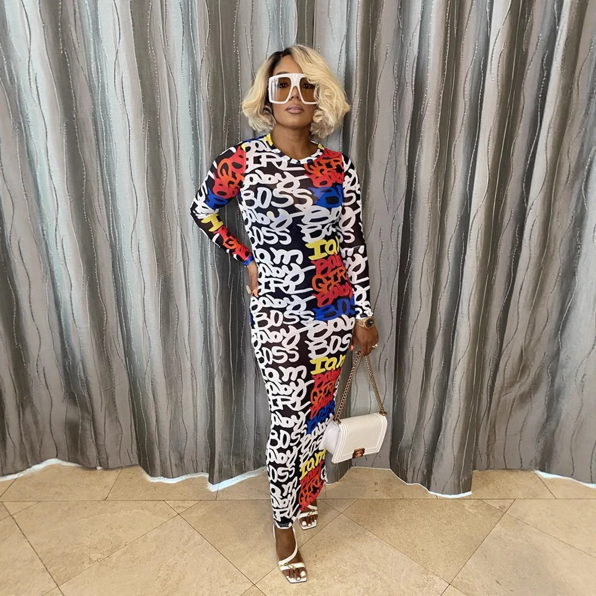 Long And Ankle Mesh See-through Printing Dress 2026 Spring And Summer New Temperament Women's High Street