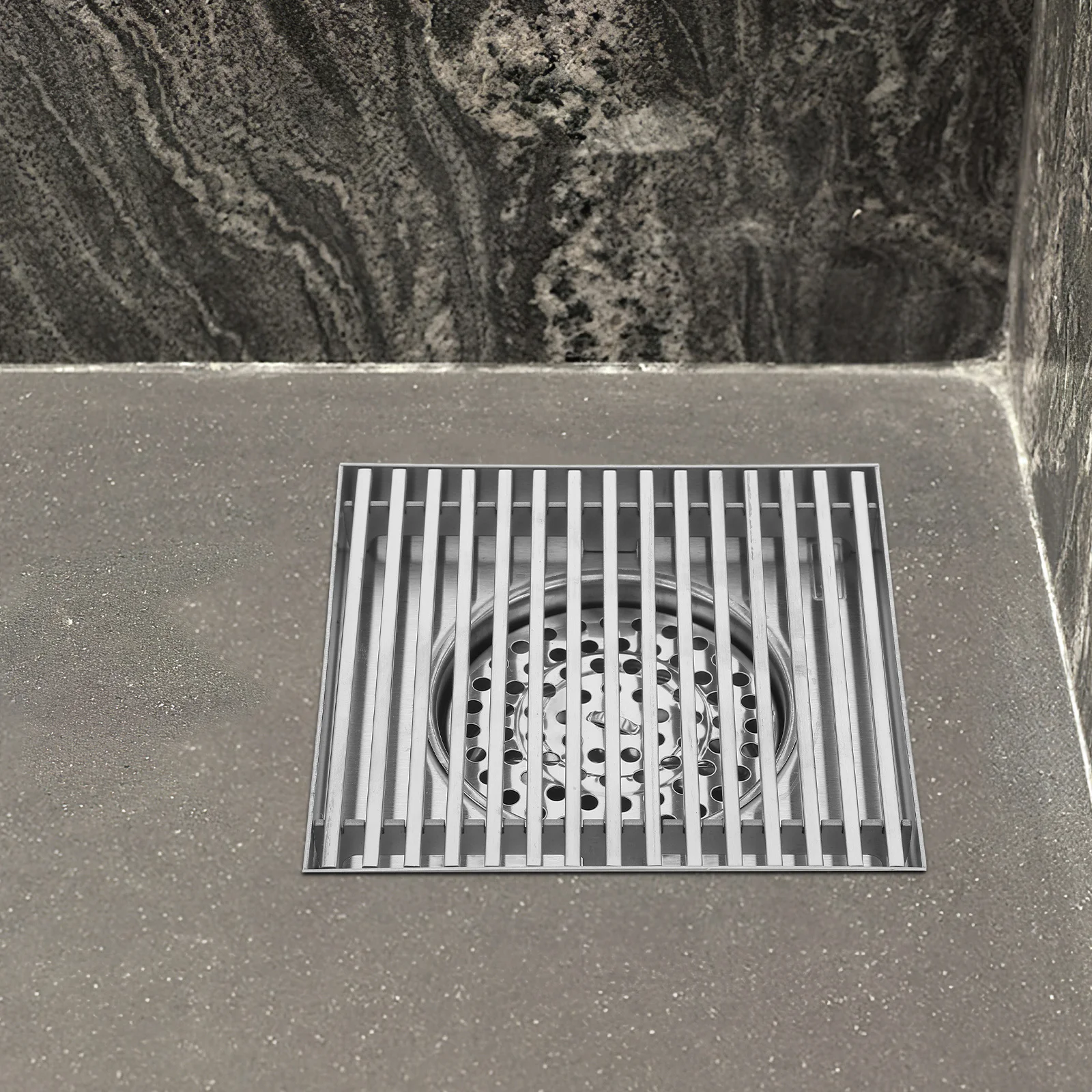 قطر كبير من الفولاذ المقاوم للصدأ لتصريف الأرضية الخارجية، تصميم شريط صلب، غطاء تصريف حديقة الفناء، صر التقاط الشعر