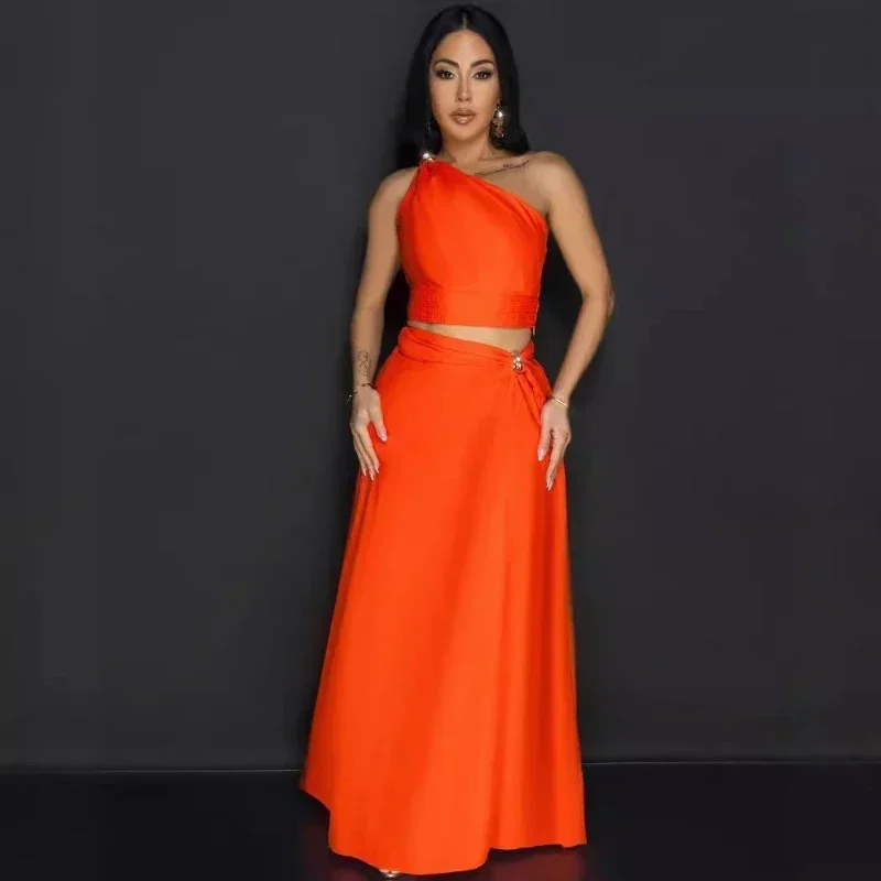 

Sexy Elegant Maxi Dress Sets Womens 2 Piece Outfit Set Clubwear Party Night One Shoulder Crop Top and Long Skirt Matching Sets