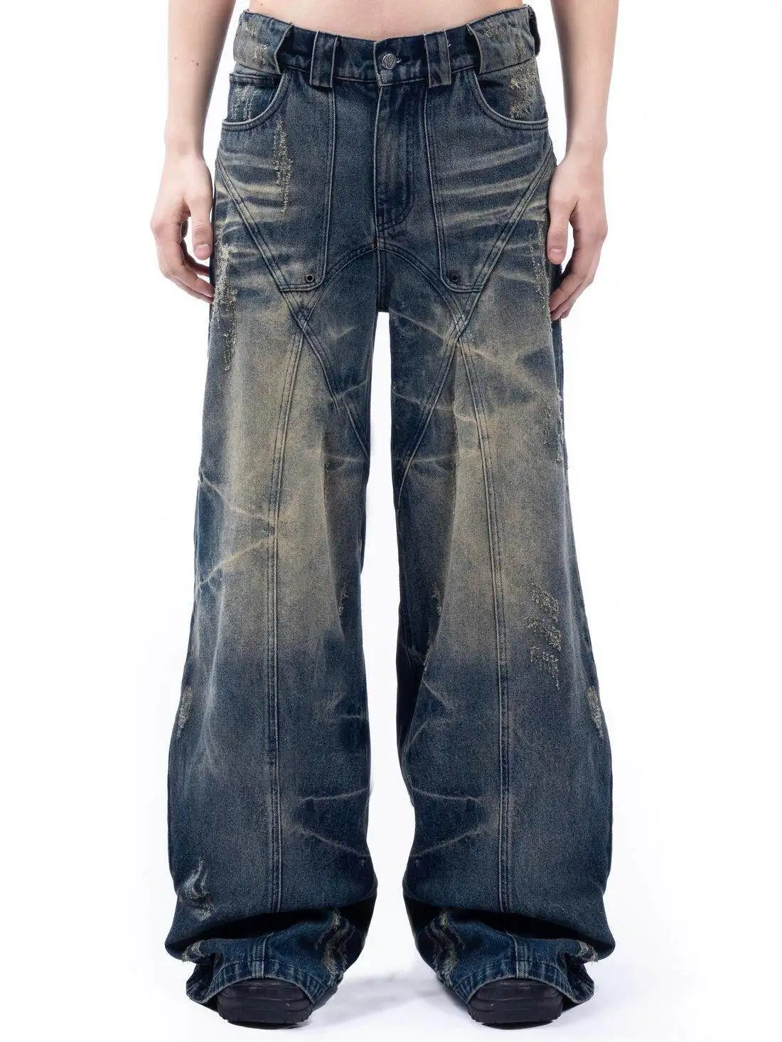 

NO FAITH STUDIOS Heavy craft three-dimensional cutting Washed old ripped dirty dyed straight jeans