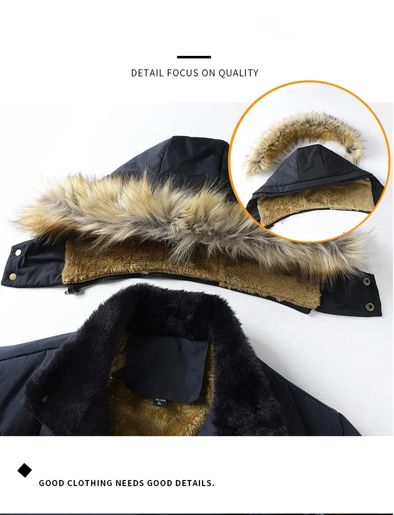 Men's Winter Fur Collar Thick Warm Parkas Windproof Fleece Lined Removable Hooded Jacket Male Cotton Outwear Coats Casual Jacket