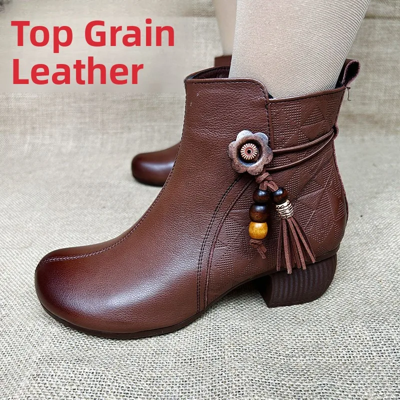 

Autumn Winter Layered Cowhide Women's Short Boots Ethnic Style Medium Heel Soft Bottom Comfortable Versatile Anti-slip Retro ...