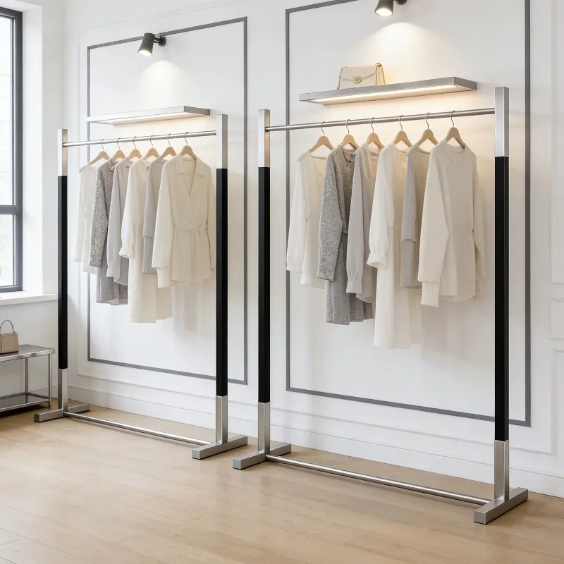 Clothing store stainless steel black display rack floor rack women's clothing display rack floor simple shelf hanging hanger