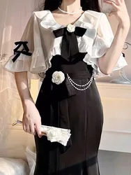 French Vintage Fairy Dress Sets Women Lace Korean 2 Piece  Dress Set Female Summer Kawaii Clothing Lolita Midi Dress Even Party
