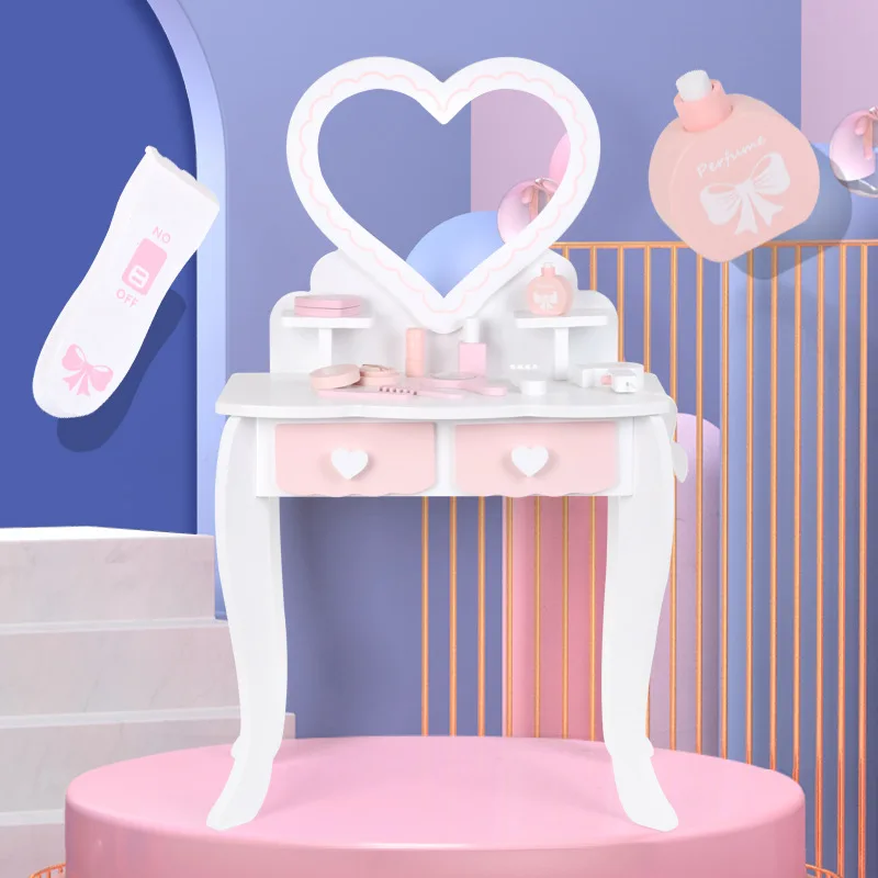 New Wooden Pink And White Love Dresser Female Baby Play House Hairdressing Makeup Table Children's Jewelry Box Toy Birthday Gift