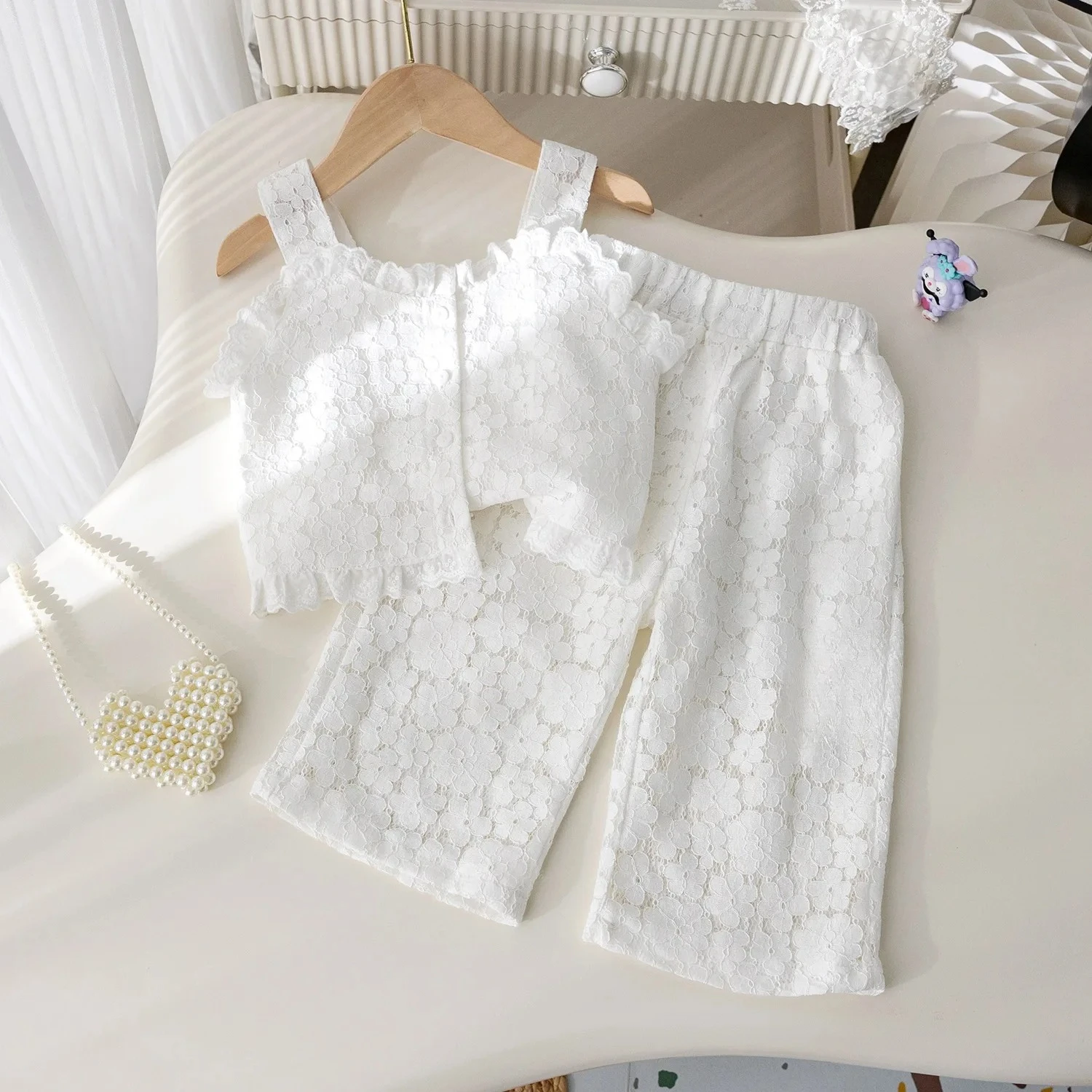 

2025 Summer 1-7 Years Girls Fashion Lace 2pcs Suit Kids Clothing Set Suspender+ Pant