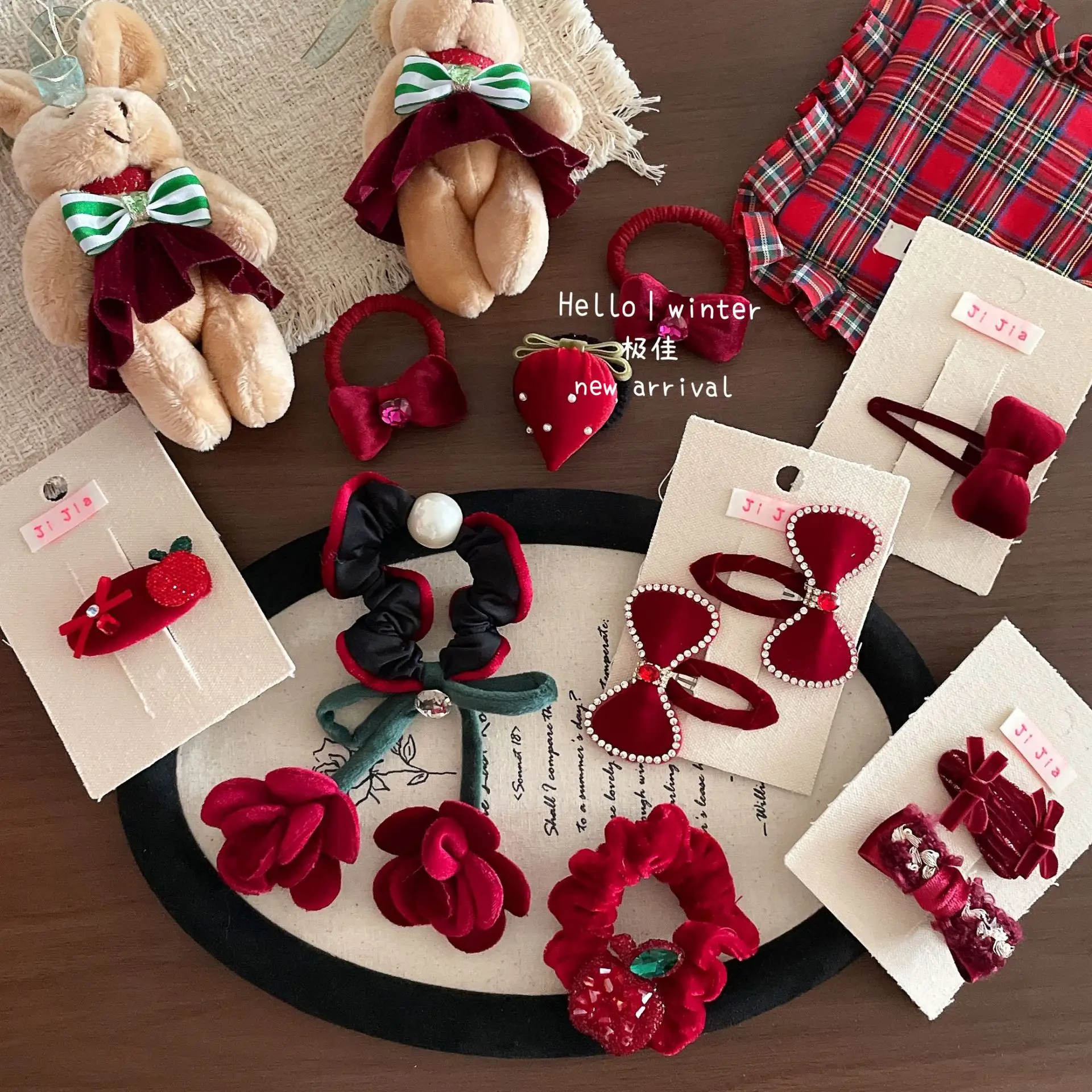 Hair Ties Hair Clips Red Velvet Bow Flower Christmas Holiday Sweet Elegant Girls Headwear Accessories Portable Daily