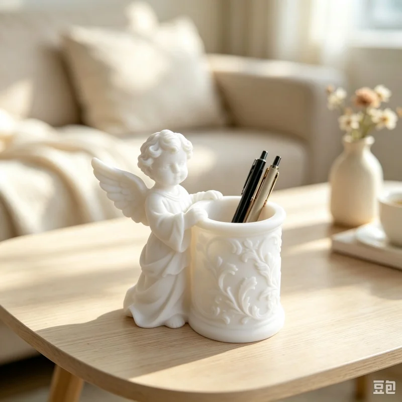 Cherub Angel‑Shaped Pencil Cup 3D Printed Plastic Vintage Floral Desk Organizer Decorative Table Ornament Gift
