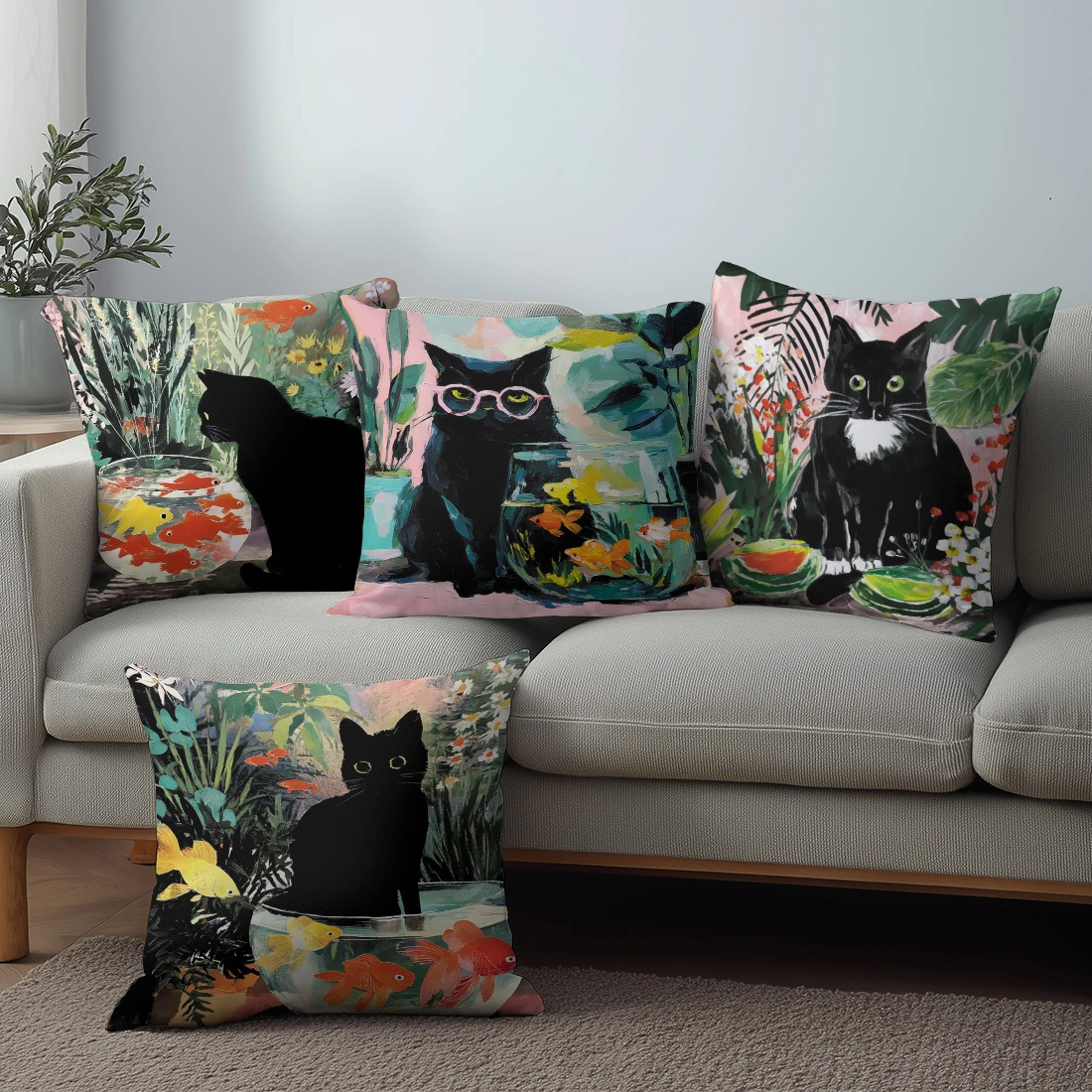 1/4pcs 45x45cm Cute Black Cat Fish Bowl Oil Painting Style Throw Pillow Covers Cushion cover