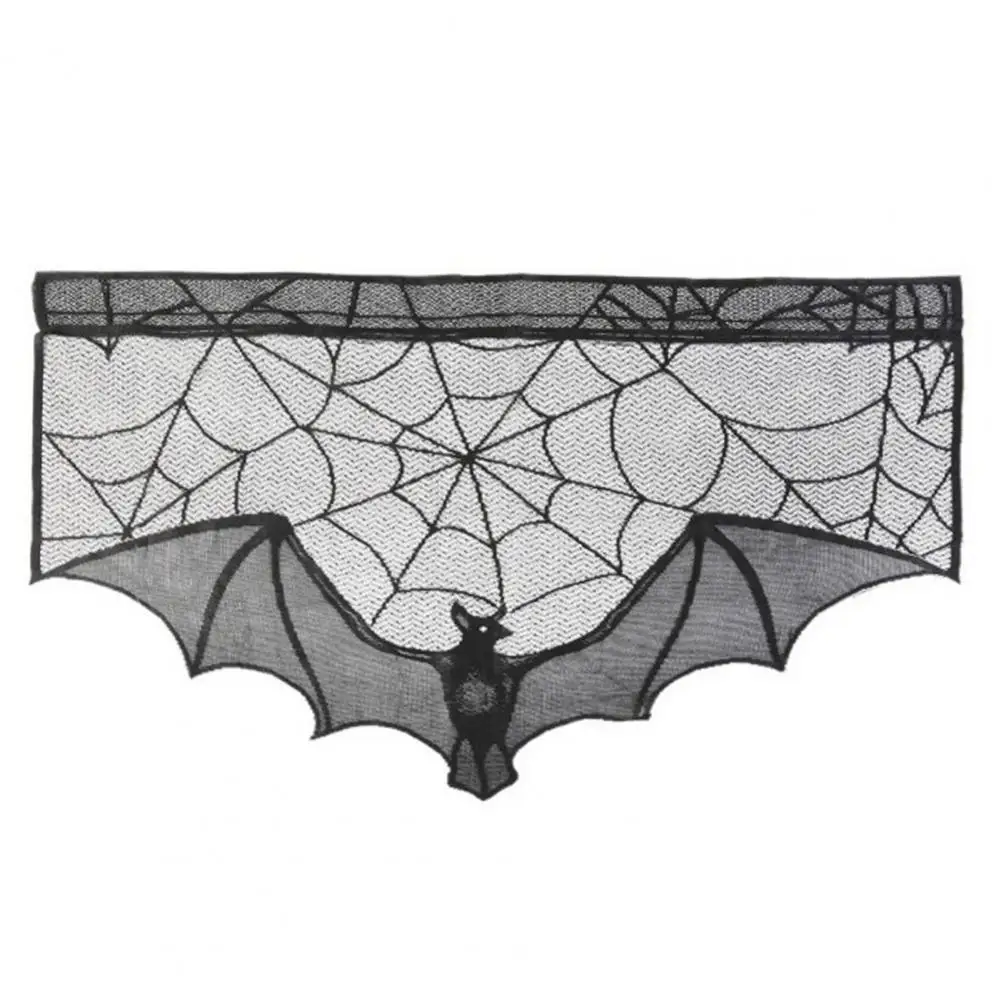 Cortinas de ambiente escalofriante, conjunto de decoración de encaje de Halloween, cenefa de ventana de red de araña de murciélago, manto de Casa Encantada para chimenea