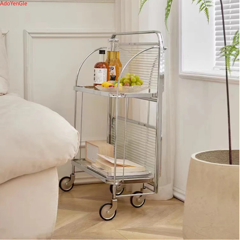 INS moving Side table Modern transparent Glass coffee table Folding trolley with wheels Corner Storage Shelf home furniture