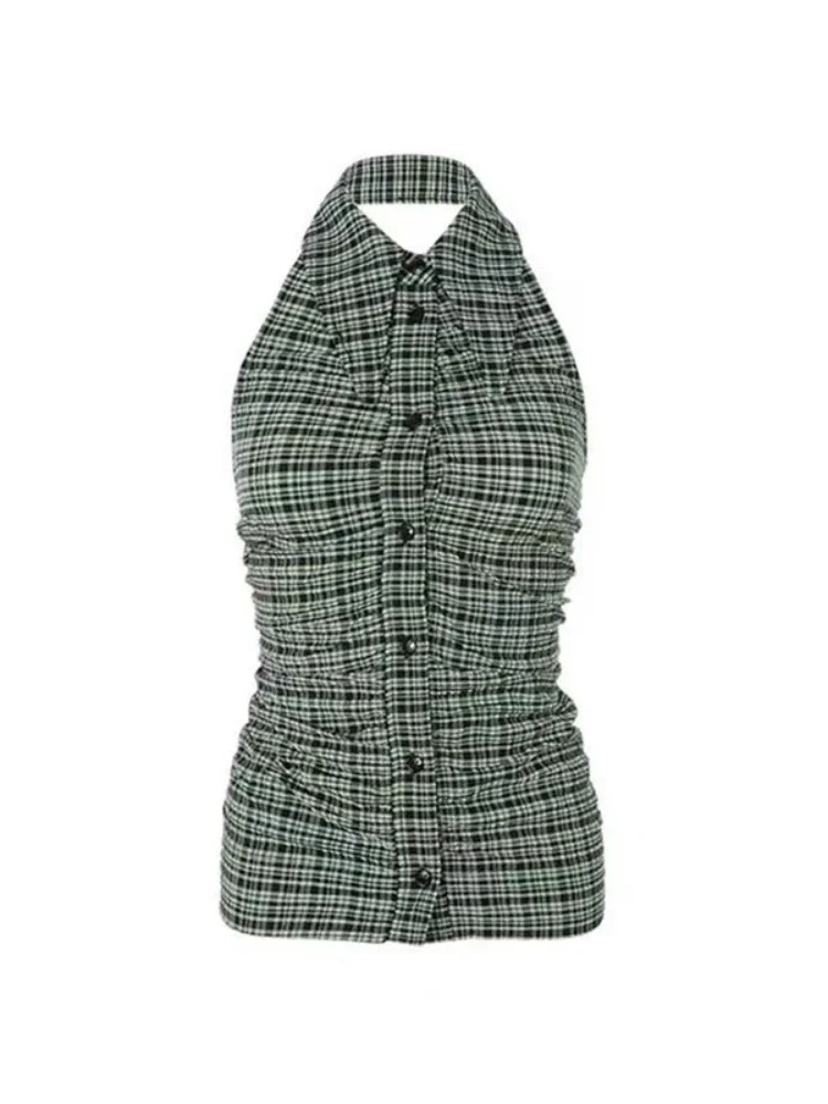 Plaid Halter Tanks Tops for Women Sleeveless Sexy Elegant Design Harajuku Retro Slim Y2k Clothes Casual Aesthetic Топ Женский