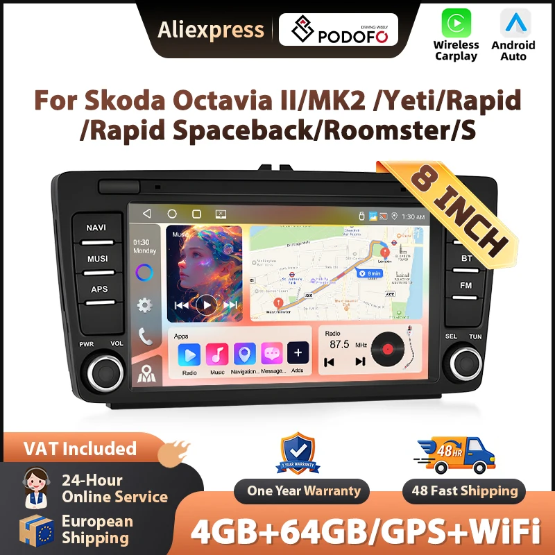 Radio Para Coche Podofo Con Sistema Android Para Skoda Octavia Ii/Mk2/Yeti, Carplay Inalámbrico, Navegación Gps, Wifi, Fm/Rds, Unidad Principal 2Din, Estéreo Para Coche Con Bluetooth. — -50%, 109.1€ Coupon, from 109.10€ – 50% descuento – €109.10