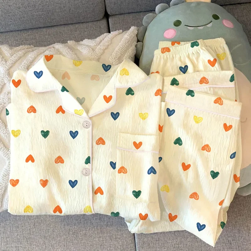 

Women Spring Pajamas Sleepwear Long Sleeve Lapel Cute Cartoon Heart Homewear Female Casual Loose Clothing Set Loungewear