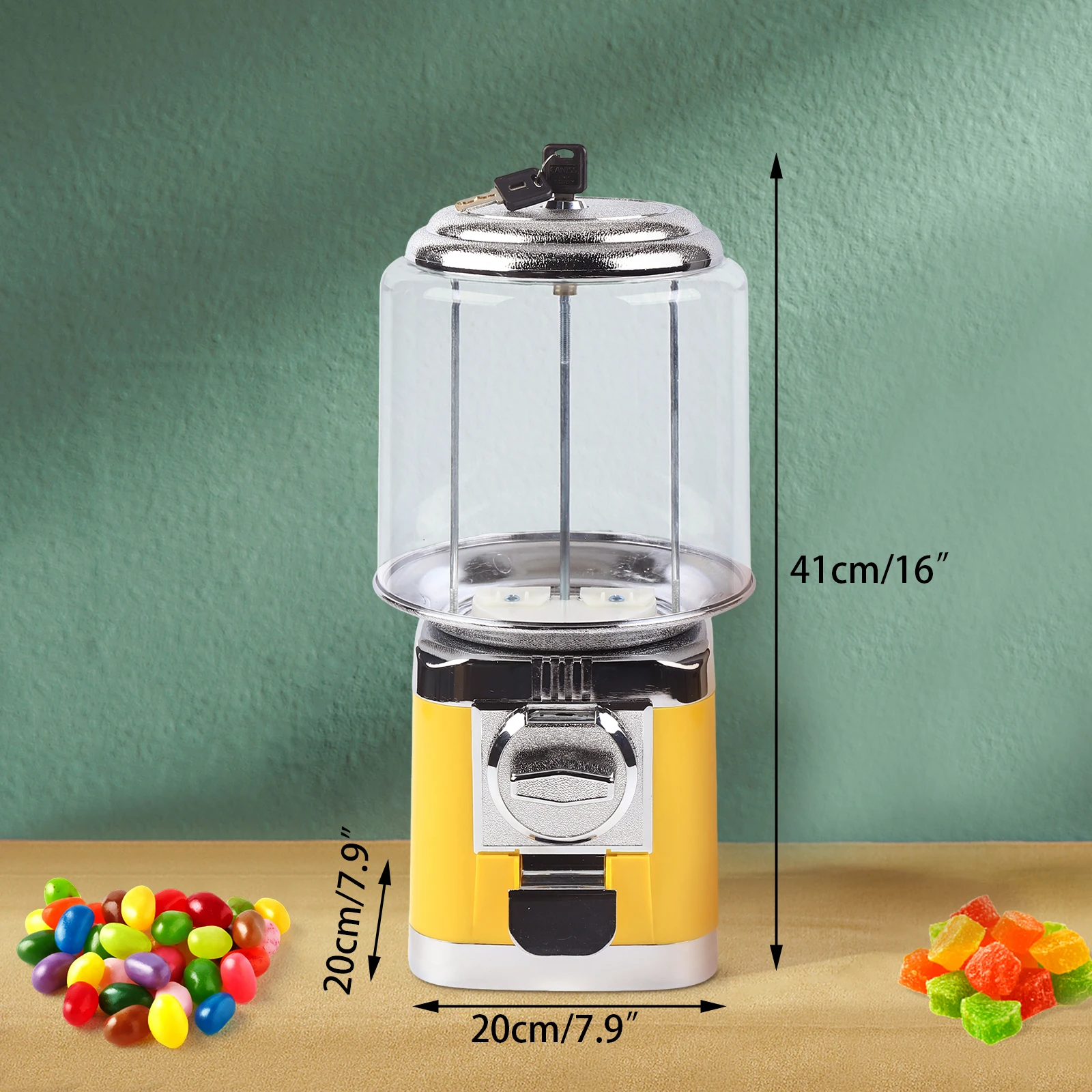 

Automatic Candy Vending Machine with 25¢ Coin Slot - Yellow Tabletop Public Service Equipment for Arcades, Malls, Birthday Gifts