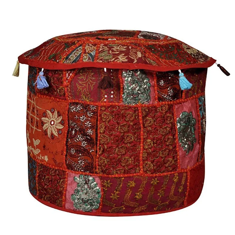 

Indian Vintage Handmade Round Pouf Cover Cotton Ottoman Patchwork Red Home Decor