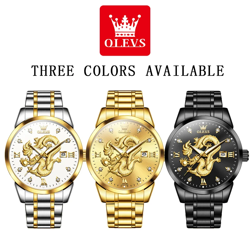 OLEVS Men\'s Watches Top Brand Fashion Original Quartz Watch for Man China Loong Dragon Dial Waterproof Luminous Date Olevs 3619