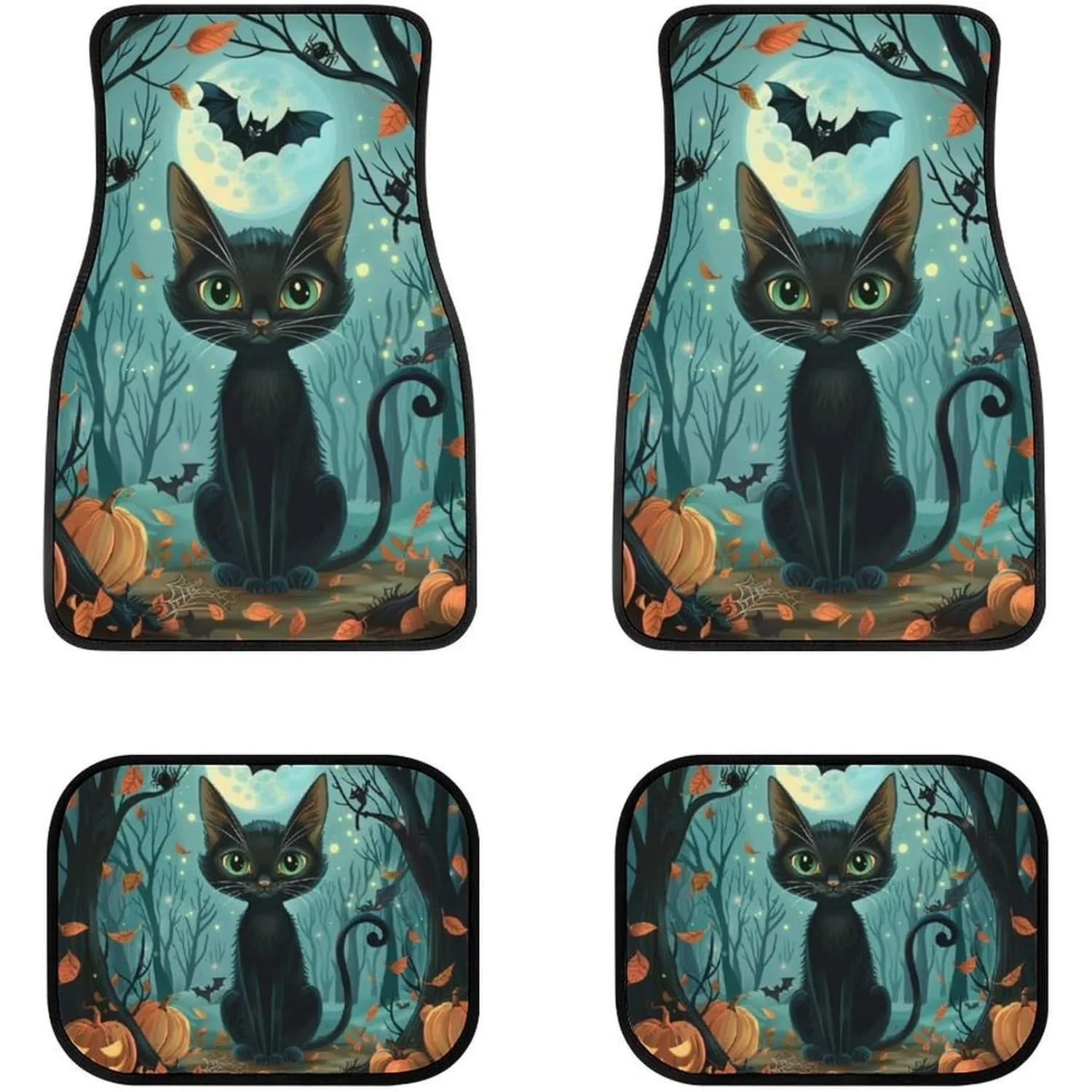 Black Cat And Bat 4pcs Set, All-Weather Auto Floor Mats, Universally Compatible Car Decor Additions For Suvs, Vans, Sedans, And