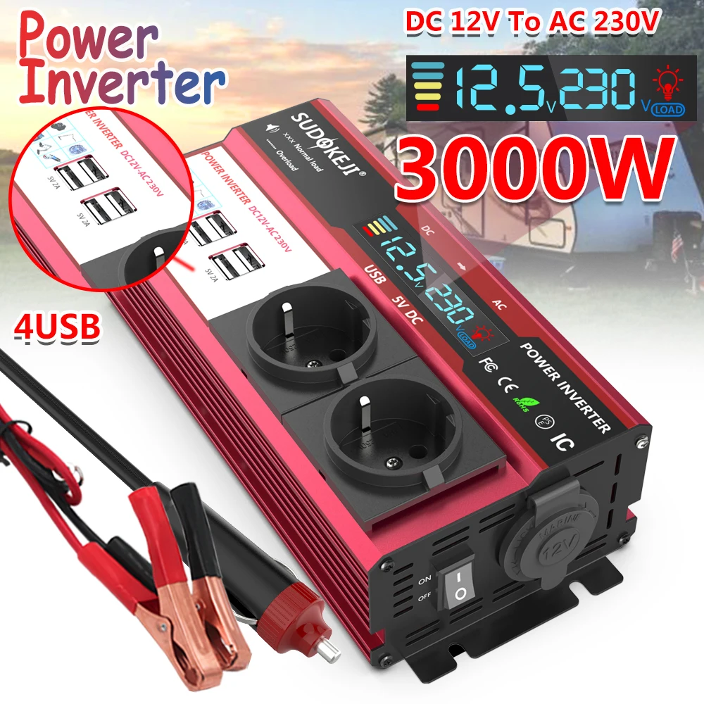 SUDOKEJI 3000W 4000W (MAX POWER) Omvormer voor Auto Omvormer RV Boot 500W 800W DC 12V 24V Naar 120V 220V EU US UK Global Socket