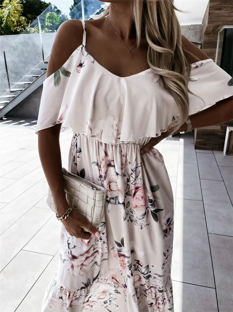 New Summer Fashion Women Floral Sexy Dress Off Shoulder Sunflower Dress Female Casual Beach Sundress Evening Party Long Dresses