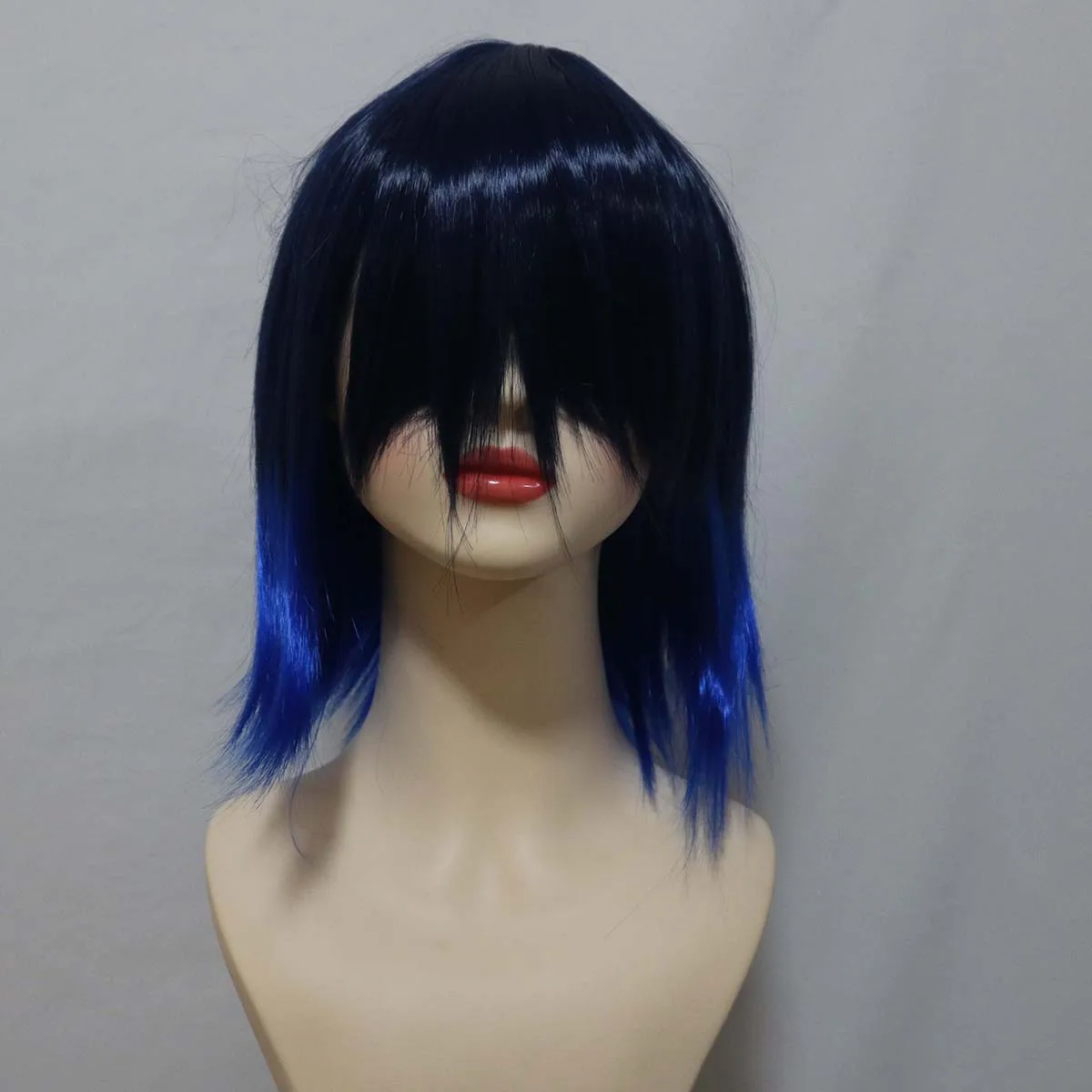 애니메이션 코스프레 소품 악마 하시비라 이노스케 블랙 혼합 블루 스트레이트 헤어 가발