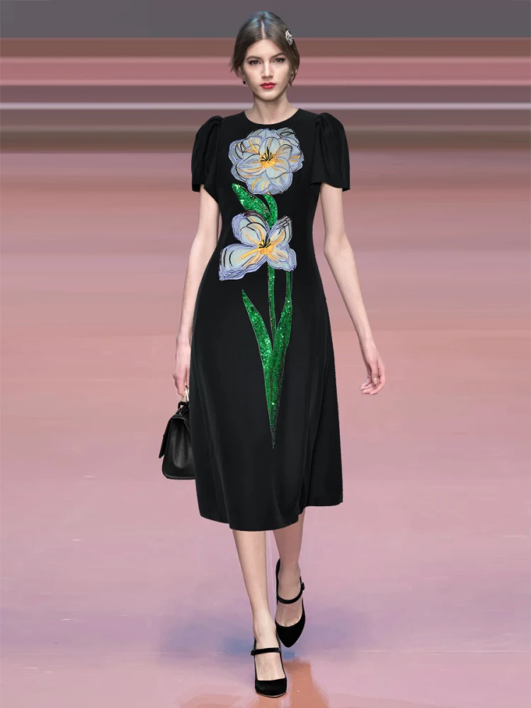 

Лето 2025 г., женские черные платья с круглым вырезом и короткими рукавами, трехмерные цветочные блестки, вышитые пайетками