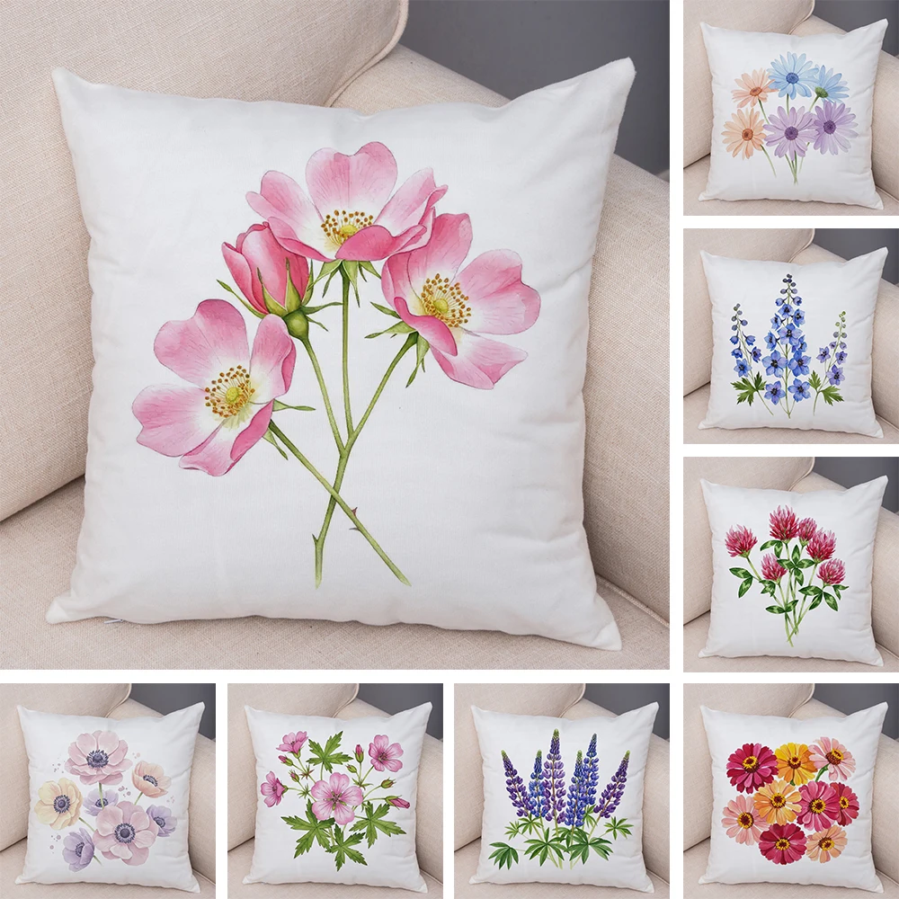 Pink Rose Bouquet Pillowcase Double Print Pastel Anemone Cushion Cover Soft Plush Pink Geranium Pillowcase for Sofa Home Car